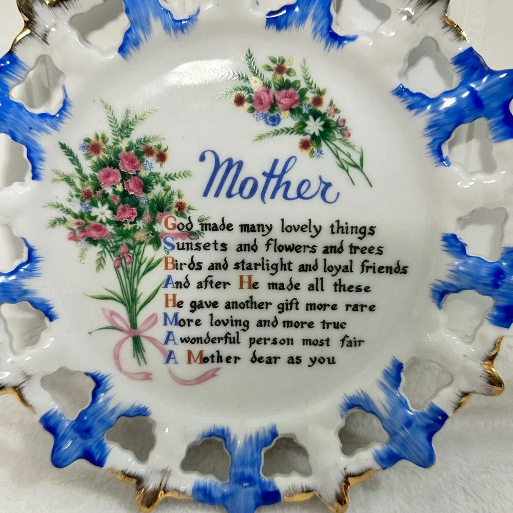 Unbranded Mother Decorative Plate Unisex 7.5in Blue White Excellent‎ Floral Poem